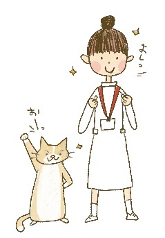 気合を入れる猫と看護師